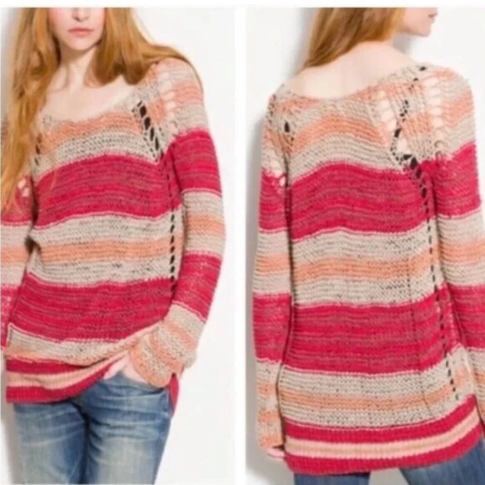 Free People womans Striped scoop neck knit crochet Sweater Size S
